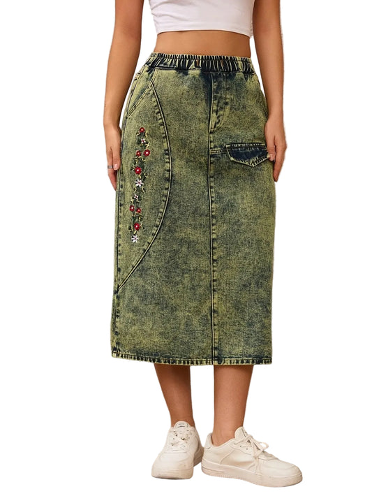 Midikjol för dam med blomsterbroderi